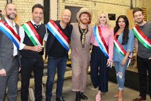 Celebrity Juice. Image shows from L to R: Fred Sirieix, Gino D'Acampo, Jake Wood, Leigh Francis, Fearne Cotton, Scarlett Moffatt, Chris Ramsey