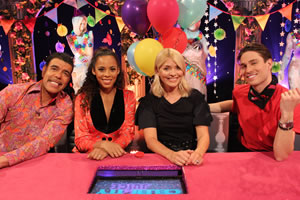 Celebrity Juice. Image shows from L to R: Chris Kamara, Rochelle Humes, Holly Willoughby, Joey Essex