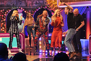 Celebrity Juice. Image shows from L to R: Holly Willoughby, Nadine Coyle, Leigh Francis, Fearne Cotton, Ricky Wilson, Simon Rimmer