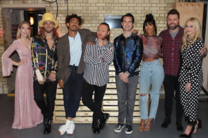 Celebrity Juice. Image shows from L to R: Katherine Ryan, Joel Dommett, Jordan Stephens, Leigh Francis, Jimmy Carr, Maya Jama, Brian McFadden, Fearne Cotton