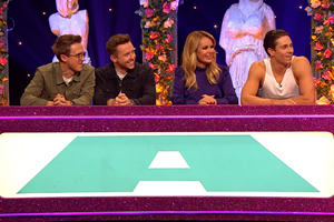 Celebrity Juice. Image shows from L to R: Tom Fletcher, Danny Jones, Amanda Holden, Joey Essex