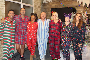 Celebrity Juice. Image shows from L to R: Gino D'Acampo, Paddy McGuinness, Melanie Brown, Leigh Francis, Holly Willoughby, Kelly Osbourne, Stacey Solomon