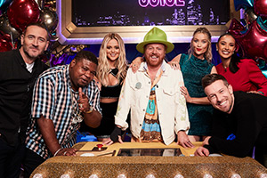 Celebrity Juice. Image shows left to right: Will Mellor, Big Narstie, Emily Atack, Leigh Francis, Laura Whitmore, Chris Ramsey, Maya Jama