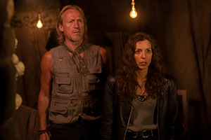 The Change. Image shows left to right: Pig Man (Jerome Flynn), Linda (Bridget Christie)