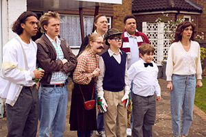 Changing Ends. Image shows left to right: Banjo (Charlie Jobe), Paddy (Joseph Dobbin), Kay (Dotty Davies), Graham Carr (Shaun Dooley), Young Alan Carr (Oliver Savell), Arthur (Josiah Eloi), Gary Carr (Taylor Fay), Angela Hudson (Gabby Best)