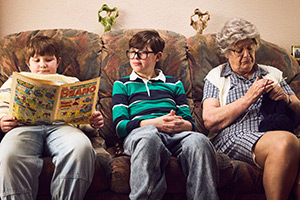 Changing Ends. Image shows left to right: Gary Carr (Taylor Fay), Young Alan Carr (Oliver Savell), Nan (Maggie Steed)