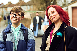 Changing Ends. Image shows left to right: Young Alan Carr (Oliver Savell), Miss Gideon (Cariad Lloyd)