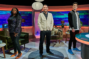 Channel Hopping With Jon Richardson. Image shows from L to R: Judi Love, Jon Richardson, Ed Gamble. Copyright: Rumpus Media