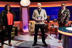 Channel Hopping With Jon Richardson. Image shows from L to R: Judi Love, Jon Richardson, Alan Carr. Copyright: Rumpus Media