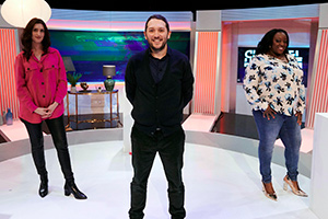 Channel Hopping With Jon Richardson. Image shows from L to R: Jessica Knappett, Jon Richardson, Judi Love. Copyright: Rumpus Media