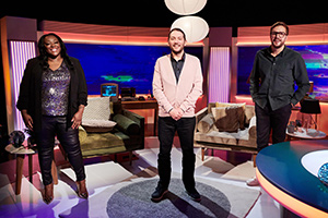 Channel Hopping With Jon Richardson. Image shows from L to R: Judi Love, Jon Richardson, Iain Stirling. Copyright: Rumpus Media