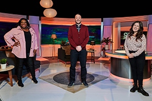 Channel Hopping With Jon Richardson. Image shows from L to R: Judi Love, Jon Richardson, Rosie Jones. Copyright: Rumpus Media