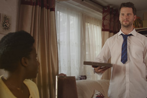 Chewing Gum. Image shows from L to R: Cynthia (Susan Wokoma), Connor Jones (Robert Lonsdale). Copyright: Retort