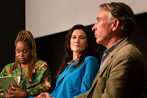 Chivalry. Image shows from L to R: Ama (Lolly Adefope), Bobby (Sarah Solemani), Cameron (Steve Coogan)