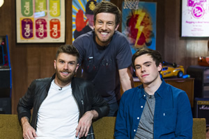 The Chris Ramsey Show. Image shows from L to R: Joel Dommett, Chris Ramsey, Rhys James. Copyright: Avalon Television