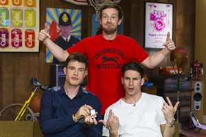 The Chris Ramsey Show. Image shows from L to R: Ed Gamble, Chris Ramsey, Joey Essex. Copyright: Avalon Television