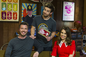 The Chris Ramsey Show. Image shows from L to R: Rick Edwards, Chris Ramsey, Ellie Taylor. Copyright: Avalon Television