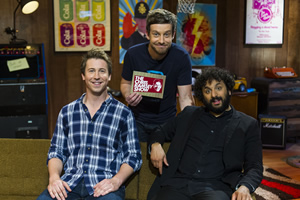 The Chris Ramsey Show. Image shows from L to R: Carl Hutchinson, Chris Ramsey, Nish Kumar. Copyright: Avalon Television