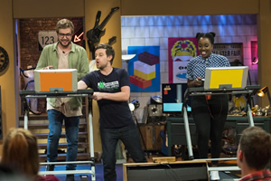 The Chris Ramsey Show. Image shows from L to R: Iain Stirling, Chris Ramsey, Lolly Adefope. Copyright: Avalon Television