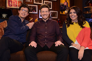 The Chris Ramsey Show. Image shows from L to R: Phil Wang, Chris Ramsey, Scarlett Moffatt. Copyright: Avalon Television