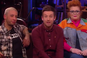 The Chris Ramsey Show. Image shows from L to R: Example, Chris Ramsey, Jayde Adams. Copyright: Avalon Television