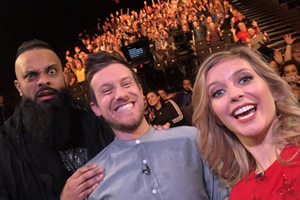 The Chris Ramsey Show. Image shows from L to R: Guz Khan, Chris Ramsey, Rachel Riley. Copyright: Avalon Television