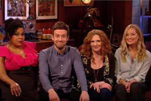 The Chris Ramsey Show. Image shows from L to R: Desiree Burch, Chris Ramsey, Jennie McAlpine, Laura Whitmore. Copyright: Avalon Television