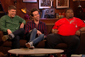 The Chris Ramsey Show. Image shows from L to R: Ed Gamble, Nick Grimshaw, Big Narstie. Copyright: Avalon Television