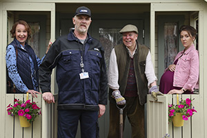 The Cleaner. Image shows left to right: Caroline (Vicki Pepperdine), Paul 'Wicky' Wickstead (Greg Davies), Donald (Steve Pemberton), Lara (Gemma Whelan)