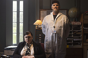 The Cleaner. Image shows left to right: Sue (Sharon Rooney), Paul 'Wicky' Wickstead (Greg Davies)