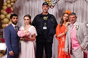 The Cleaner. Image shows left to right: Manish (Chaneil Kular), Anne-Marie (Sophia Dall'Aglio), Paul 'Wicky' Wickstead (Greg Davies), Vivien Mammot (Rebekah Staton), Bob Mammot (Harry Peacock)