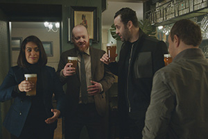 Code 404. Image shows from L to R: DI Ryle (Emily Lloyd Saini), DI Gilbert (Steve Oram), DI John Major (Daniel Mays), DI Roy Carver (Stephen Graham)