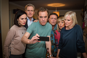 Cold Feet. Image shows from L to R: Tina Reynolds (Leanne Best), David Marsden (Robert Bathurst), Adam Williams (James Nesbitt), Pete Gifford (John Thomson), Jenny Gifford (Fay Ripley), Karen Marsden (Hermione Norris)