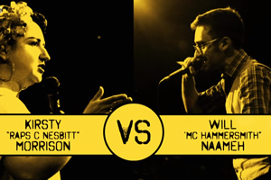 Comedian Rap Battles. Image shows from L to R: Kirsty Morrison, Will Naameh. Copyright: BBC