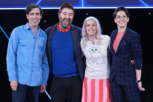 Comedians Giving Lectures. Image shows from L to R: Stephen Mangan, David O'Doherty, Sara Pascoe, Suzi Ruffell. Copyright: 12 Yard Productions