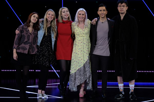 Comedians Giving Lectures. Image shows from L to R: Liz Smith, Tessa Coates, Stevie Martin, Sara Pascoe, Russell Kane, Phil Wang. Copyright: 12 Yard Productions