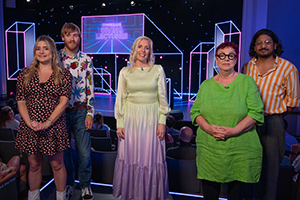 Comedians Giving Lectures. Image shows from L to R: Harriet Kemsley, Bobby Mair, Sara Pascoe, Jo Brand, Ahir Shah. Copyright: 12 Yard Productions