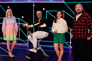 Comedians Giving Lectures. Image shows from L to R: Sara Pascoe, Marcus Brigstocke, Janine Harouni, Nick Helm. Copyright: 12 Yard Productions