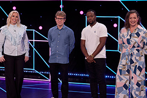 Comedians Giving Lectures. Image shows from L to R: Sara Pascoe, Josh Widdicombe, Babatundé Aléshé, Jessica Fostekew. Copyright: 12 Yard Productions