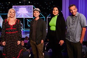 Comedians Giving Lectures. Image shows from L to R: Sara Pascoe, Joe Thomas, Erika Ehler, Henning Wehn. Copyright: 12 Yard Productions