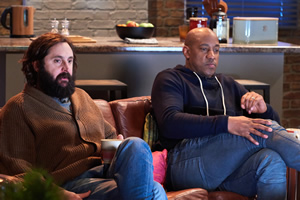 Comedians Watching Football With Friends. Image shows from L to R: Joe Wilkinson, Dion Dublin. Copyright: Avalon Television