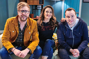 Comedians Watching Football With Friends. Image shows from L to R: Iain Stirling, Emily Dean, Matt Forde. Copyright: Avalon Television