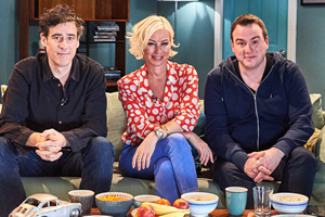 Comedians Watching Football With Friends. Image shows from L to R: Stephen Mangan, Denise Van Outen, Matt Forde. Copyright: Avalon Television