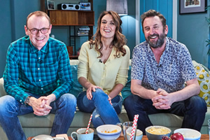 Comedians Watching Football With Friends. Image shows from L to R: Sean Lock, Emily Dean, Lee Mack. Copyright: Avalon Television