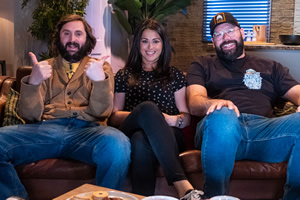 Comedians Watching Football With Friends. Image shows from L to R: Joe Wilkinson, Sam Quek, Tom Davis. Copyright: Avalon Television