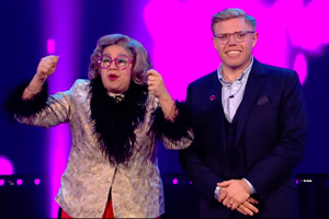 Comic Relief. Image shows from L to R: Miss Lois Duval (Nancy Zamit), Rob Beckett. Copyright: BBC