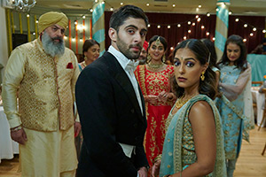 Count Abdulla. Image shows left to right: Bhupinder (Haqi Ali), Abdulla Khan (Arian Nik), Amrita (Manpreet Bambra)