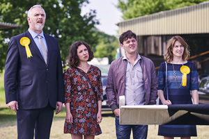 Cuckoo. Image shows from L to R: Ken (Greg Davies), Rachel (Esther Smith), Dylan (Tyger Drew-Honey), Lorna (Helen Baxendale). Copyright: Roughcut Television