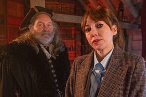 Cunk On.... Image shows left to right: Galileo (John Goldup), Philomena Cunk (Diane Morgan)