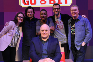 Dara O Briain's Go 8 Bit. Image shows from L to R: Ellie Gibson, Sam Pamphilon, Gina Yashere, Dara O Briain, Marcus Brigstocke, Steve McNeil. Copyright: DLT Entertainment Ltd.